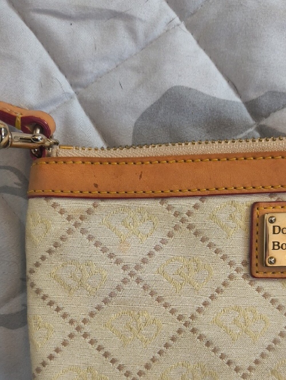 Dooney & Bourke Cream Canvas Wristlet with Tan Leather Trim and Gold Hardware - Picture 6 of 10